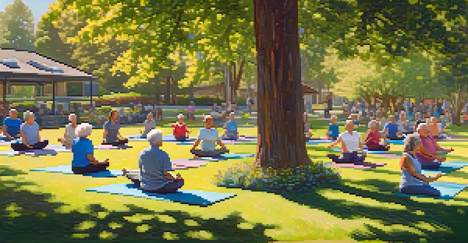 Seniors practicing yoga in a peaceful park setting, surrounded by nature.