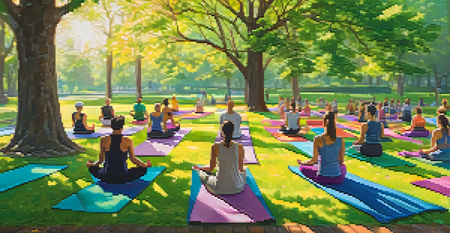 Participants practicing yoga outdoors in a sunny park surrounded by nature and colorful mats.