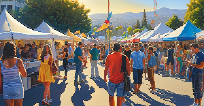 A bustling outdoor art festival in Redwood City with local artists and attendees enjoying art displays and live music under a sunny sky.
