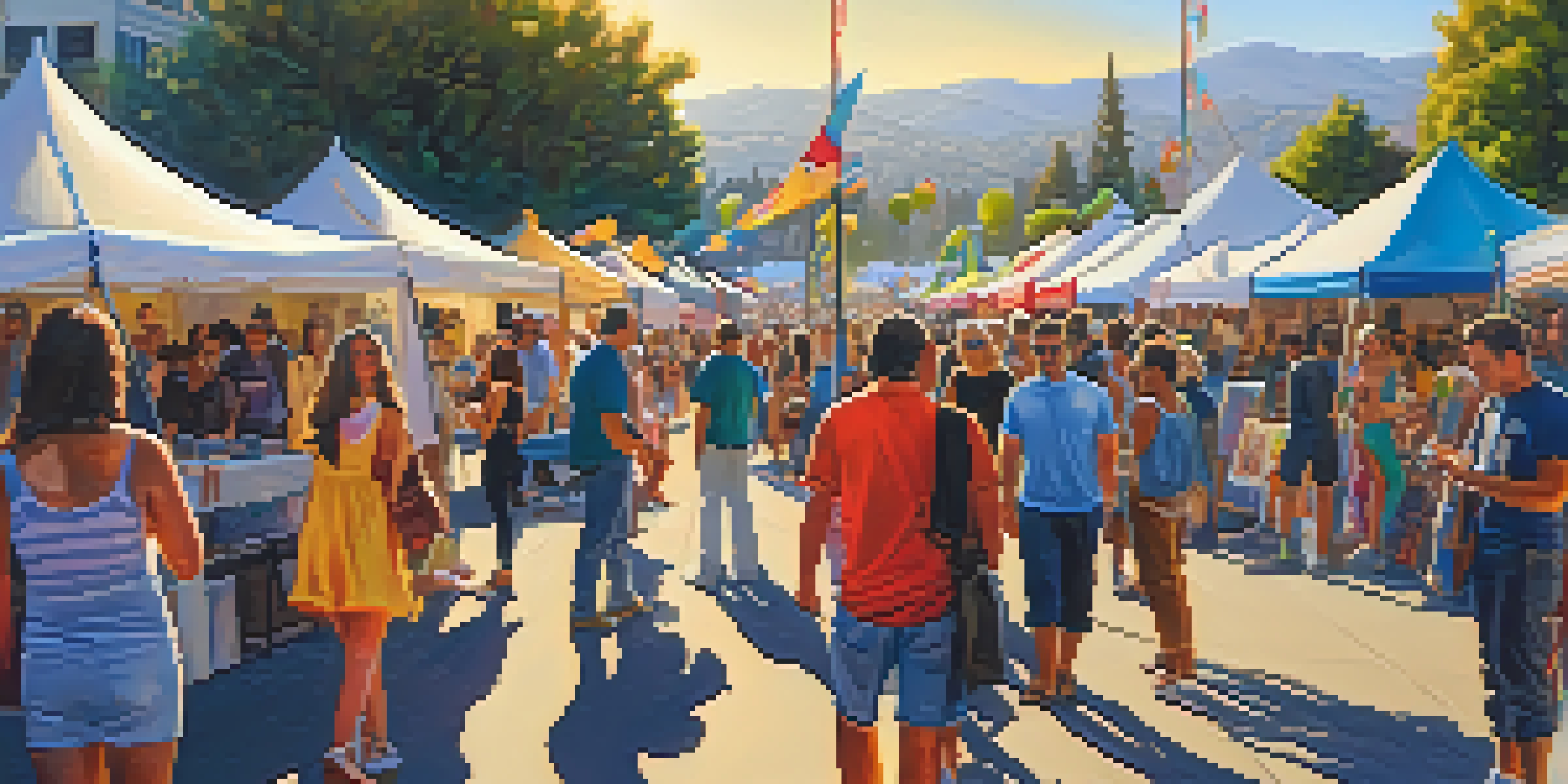 A bustling outdoor art festival in Redwood City with local artists and attendees enjoying art displays and live music under a sunny sky.