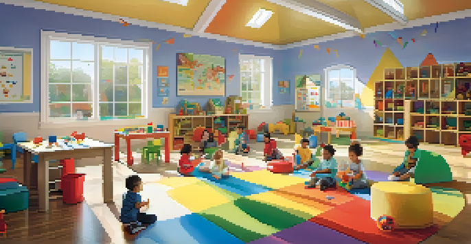 A vibrant daycare center with children of different ethnicities engaged in playful learning activities, surrounded by colorful decorations and natural light.