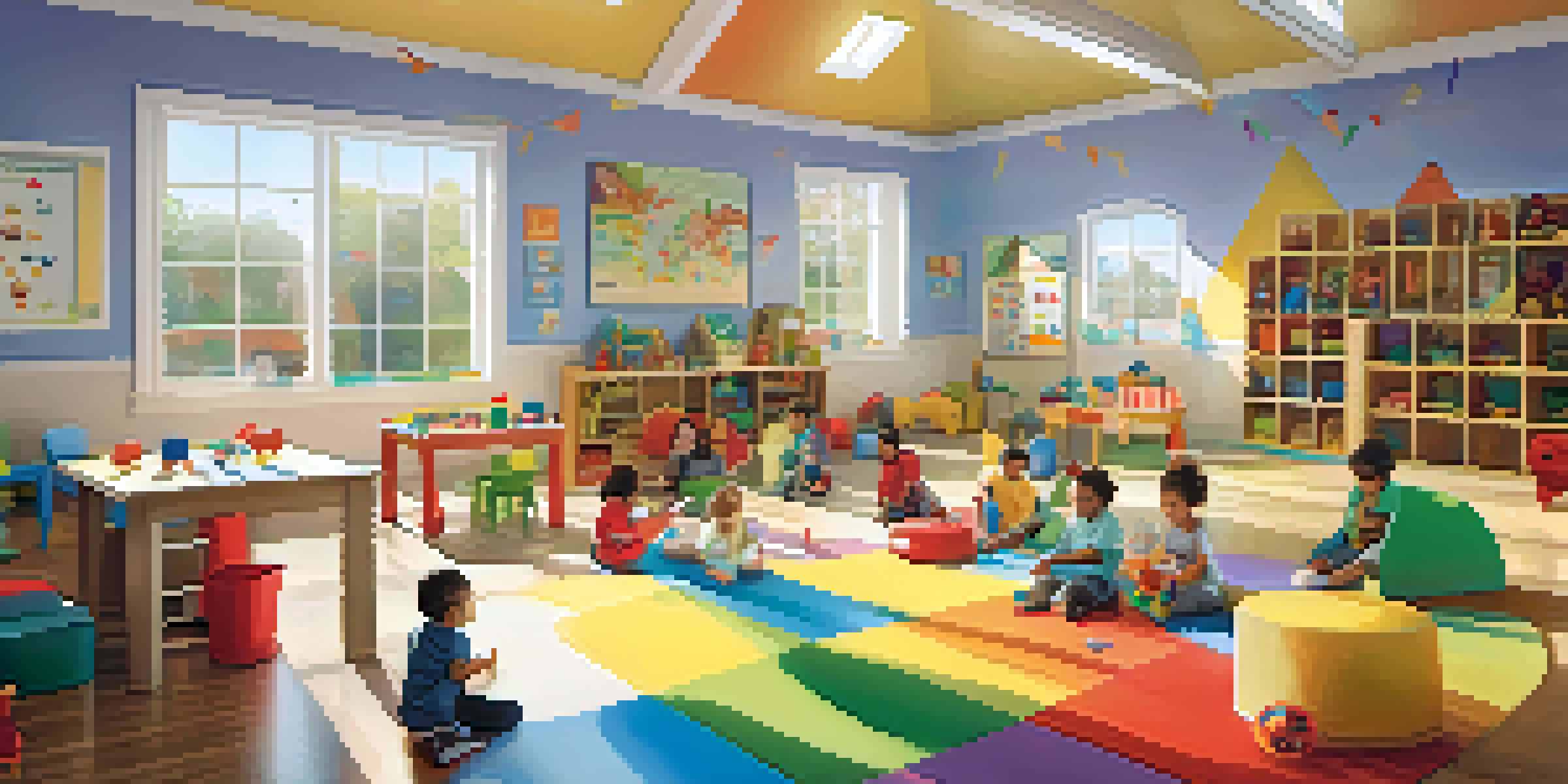 A vibrant daycare center with children of different ethnicities engaged in playful learning activities, surrounded by colorful decorations and natural light.