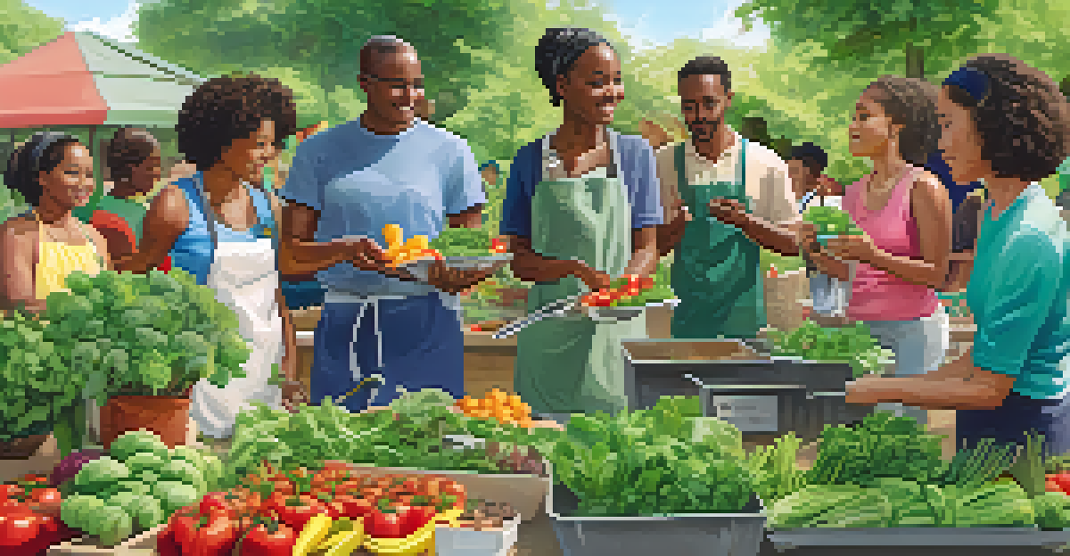 A diverse group of people attending a workshop in a community garden, learning about healthy eating while surrounded by fresh vegetables.