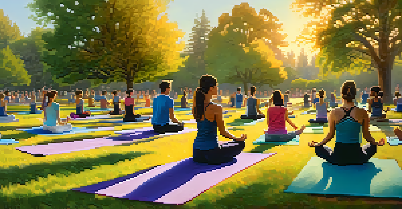 A group fitness class in a park, with participants practicing yoga under a beautiful sunset in Redwood City.