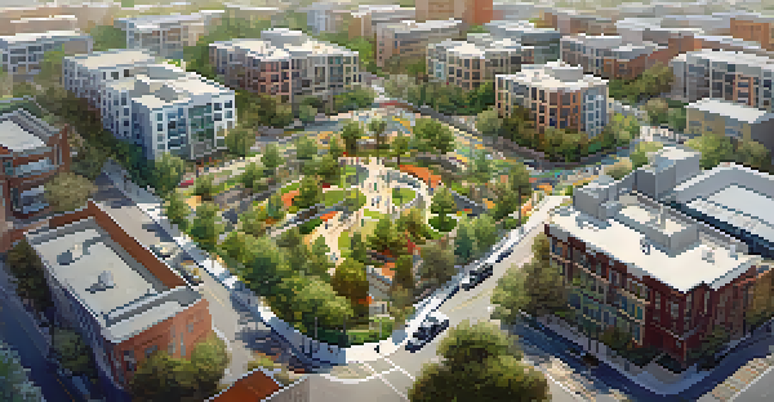 Aerial view of Redwood City showing high-density housing near a transit hub, with green spaces and electric buses, showcasing a sustainable urban landscape.