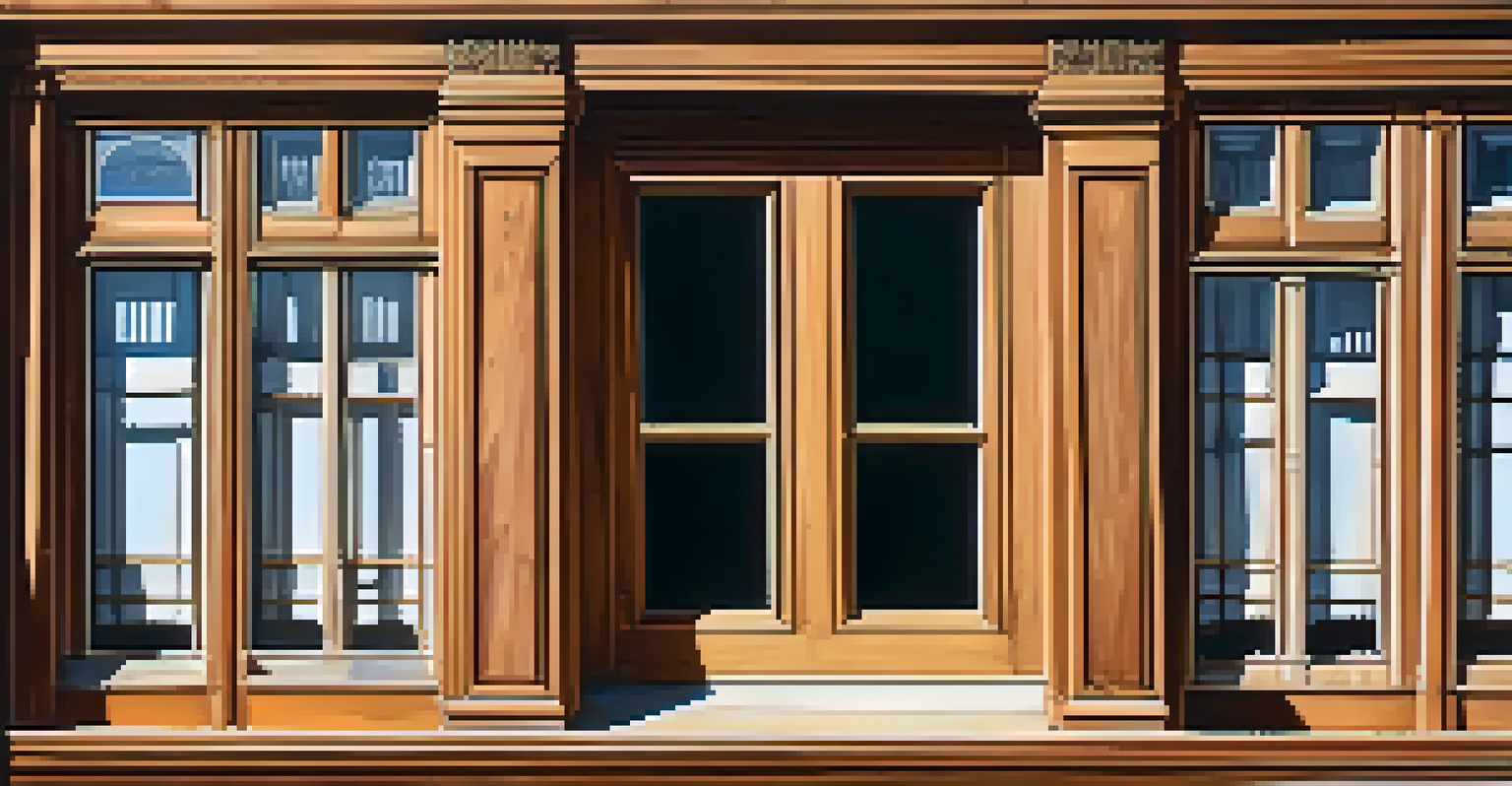 A close-up of an ornate wooden window from a historic building in Redwood City, with sunlight casting shadows.