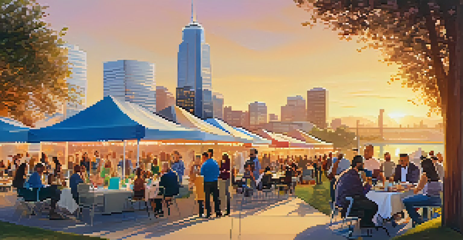 A vibrant outdoor networking event in Redwood City with entrepreneurs conversing at picnic tables under colorful banners, set against a sunset city skyline.