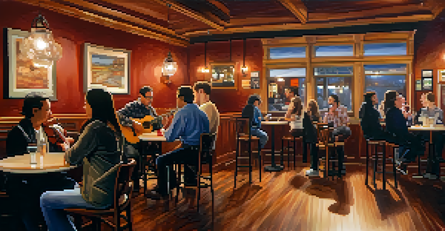 A cozy café with a local band performing for a small audience, warm lighting, and walls adorned with local art.