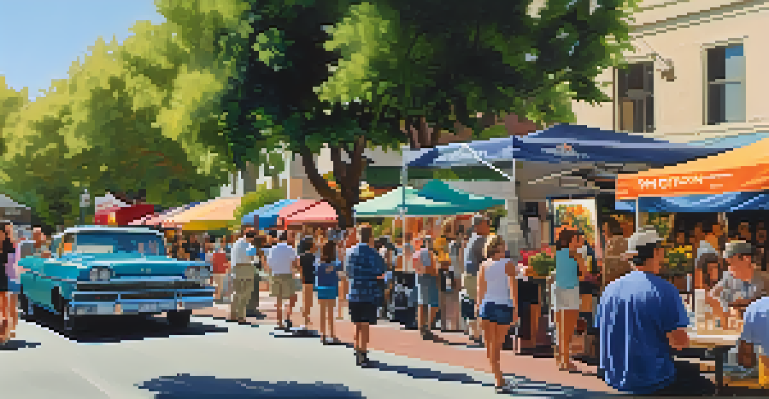 A lively downtown street filled with local artists showcasing their work, accompanied by attendees enjoying live music and food trucks.