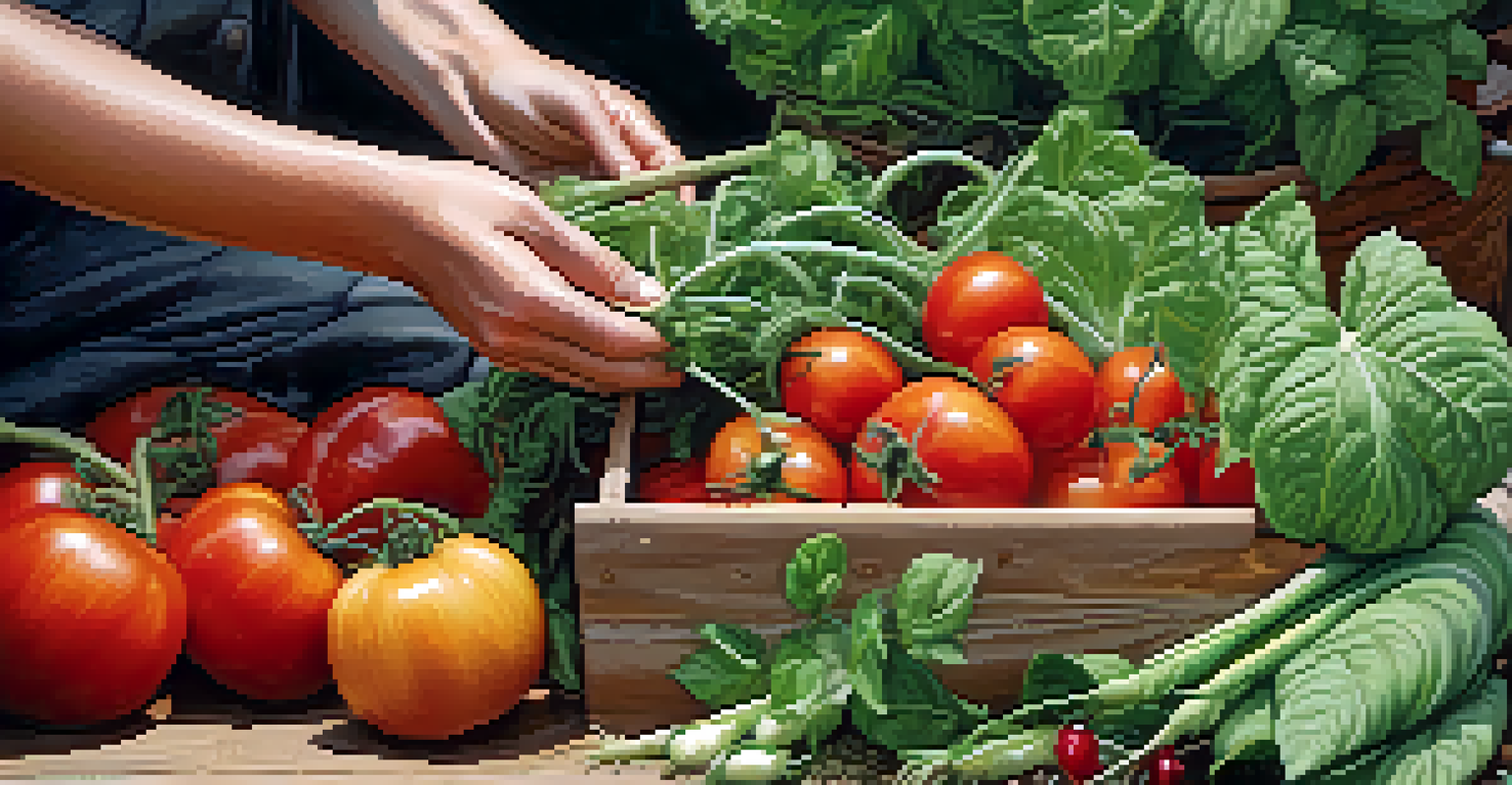 Close-up of hands harvesting fresh vegetables and herbs from a community garden.
