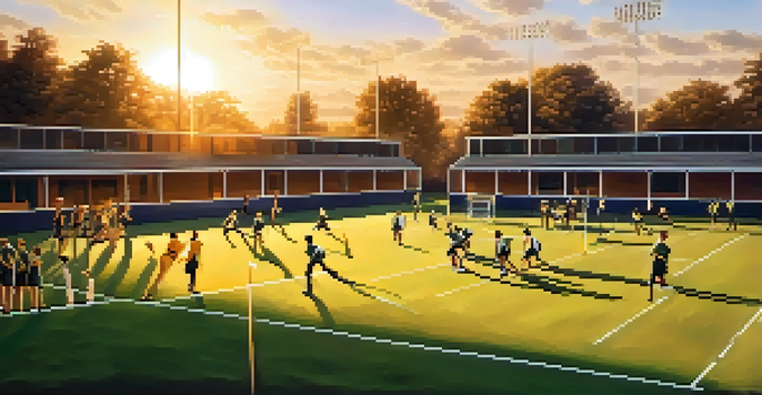 High school students practicing sports on a field during sunset, showcasing teamwork and energy.