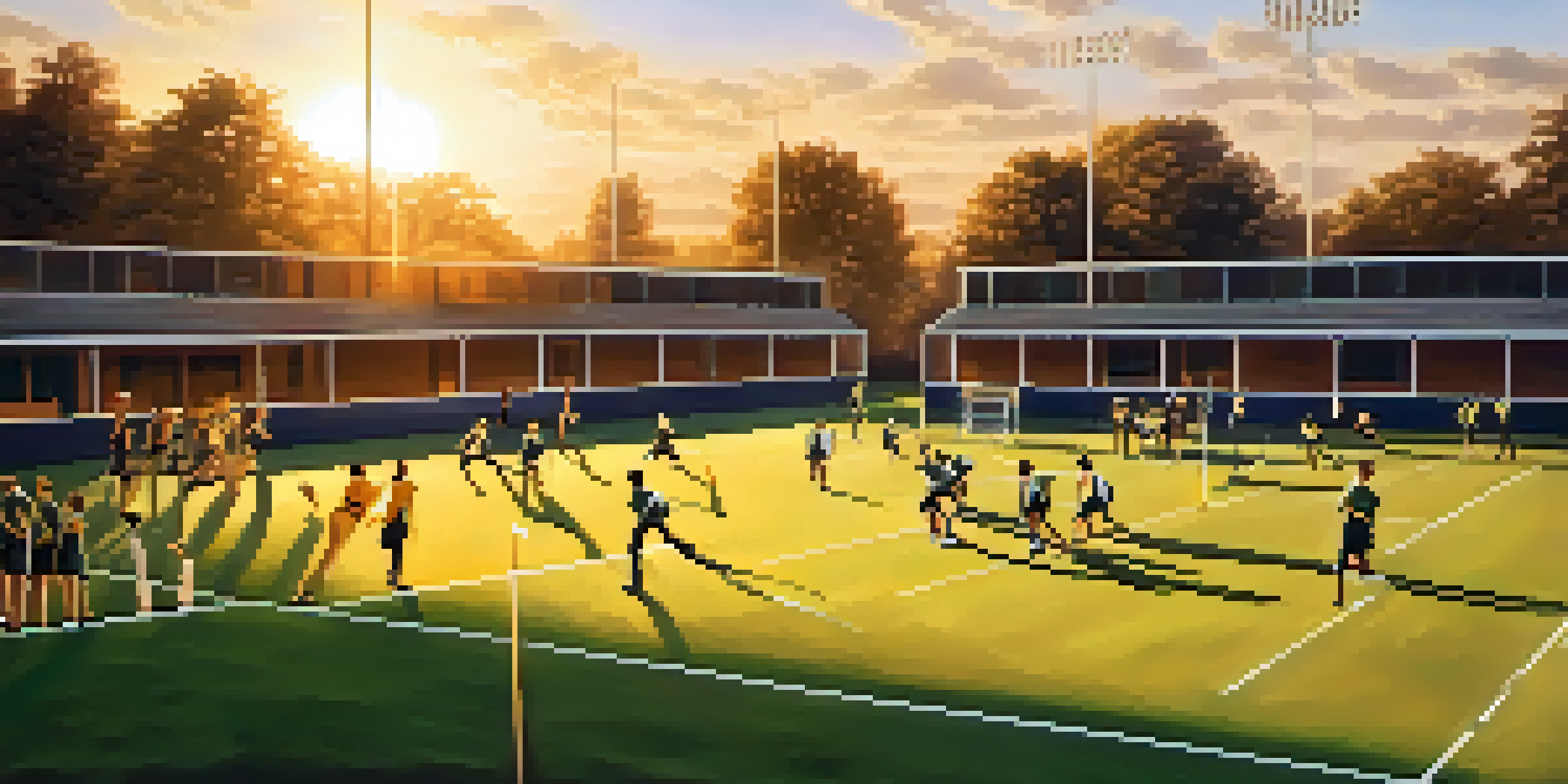 High school students practicing sports on a field during sunset, showcasing teamwork and energy.