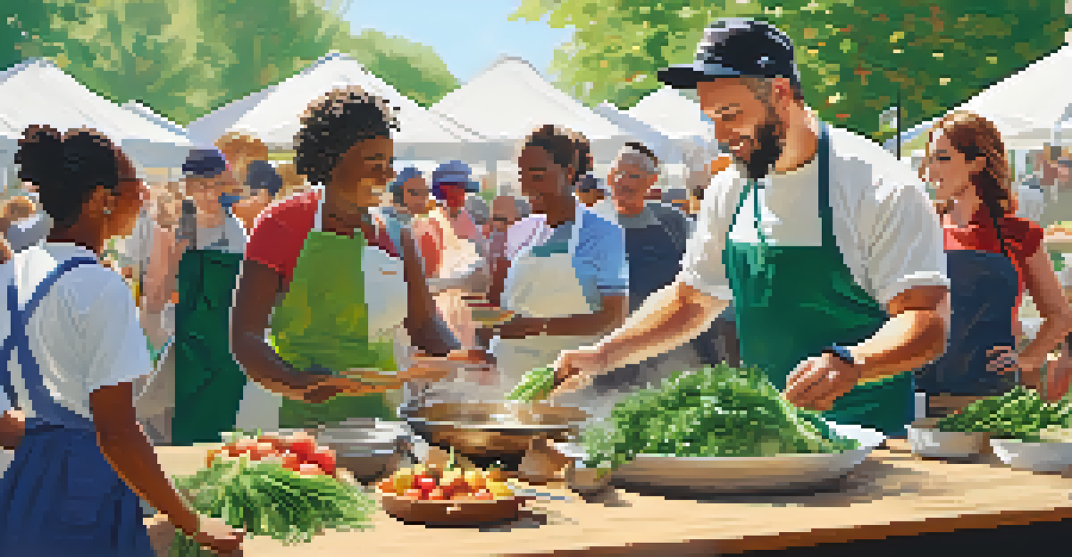 A local chef conducting a cooking demonstration at a farmers' market, surrounded by fresh ingredients and engaged community members.