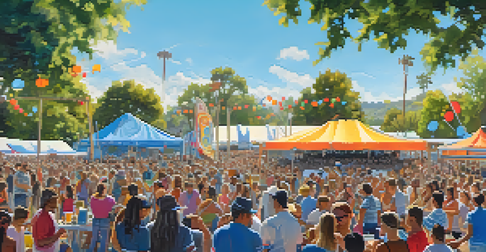 A bustling outdoor music festival featuring local artists, colorful banners, food stalls, and a lively audience under a clear blue sky.
