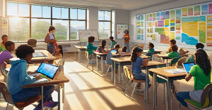 A vibrant classroom where diverse students are collaborating on tablets and digital tools, surrounded by educational posters and natural light.