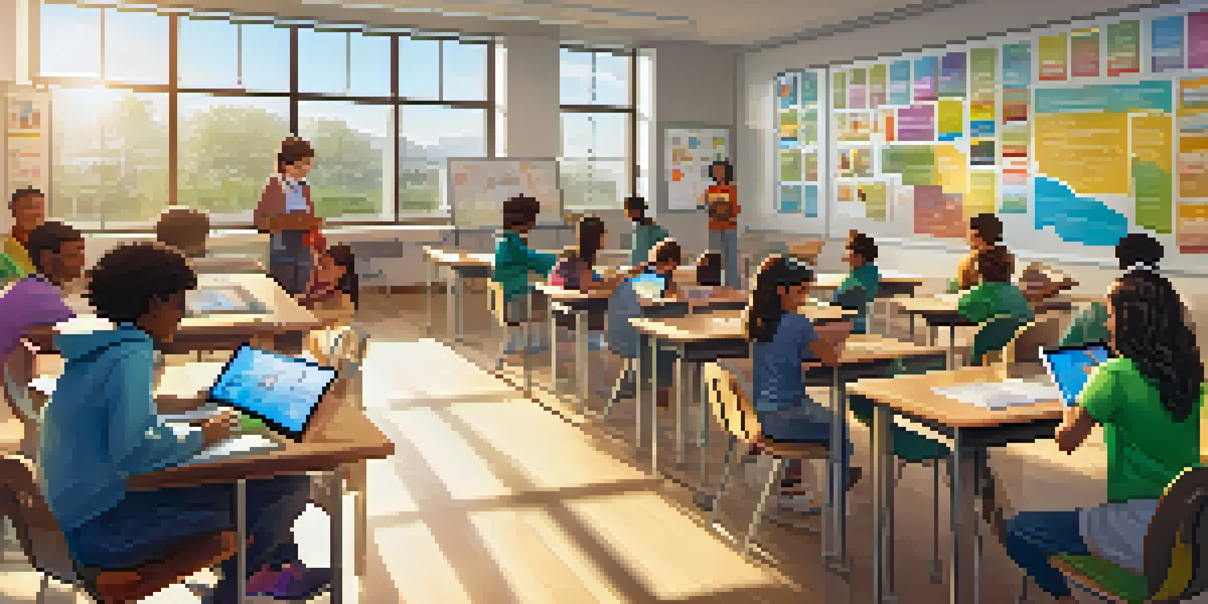 A vibrant classroom where diverse students are collaborating on tablets and digital tools, surrounded by educational posters and natural light.