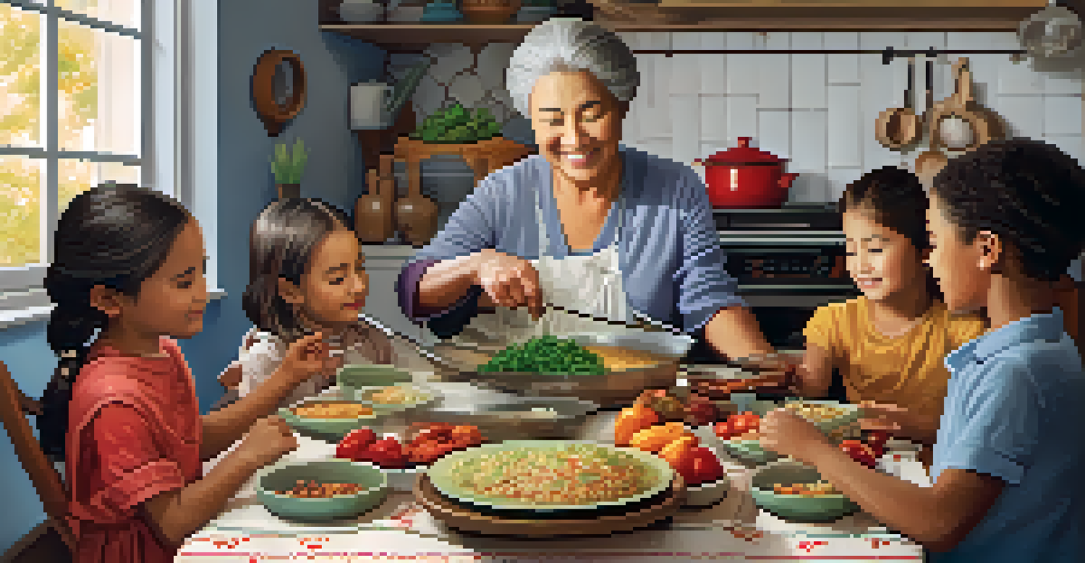 An elder teaching children traditional cooking recipes in a warm, inviting kitchen filled with family photos.