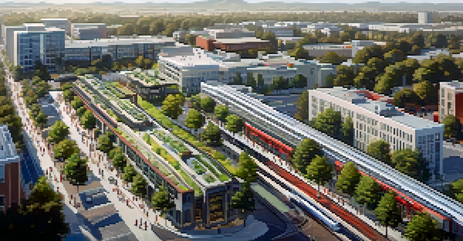 Aerial view of Redwood City showing a Caltrain station, modern apartments, and green spaces with commuters.