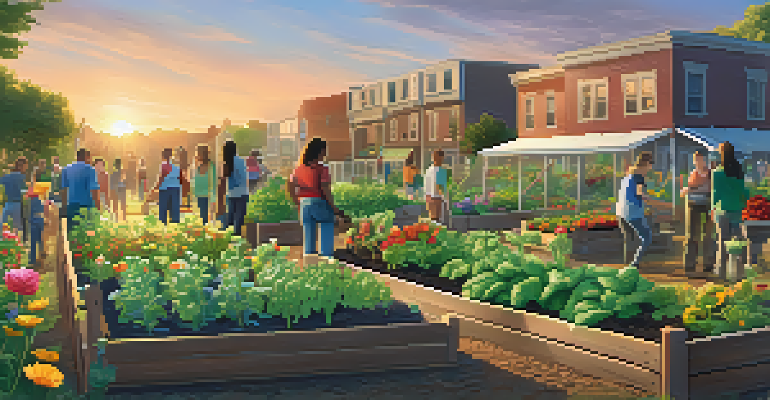 A community garden with people planting vegetables and flowers, raised garden beds, and a sunset in the background.