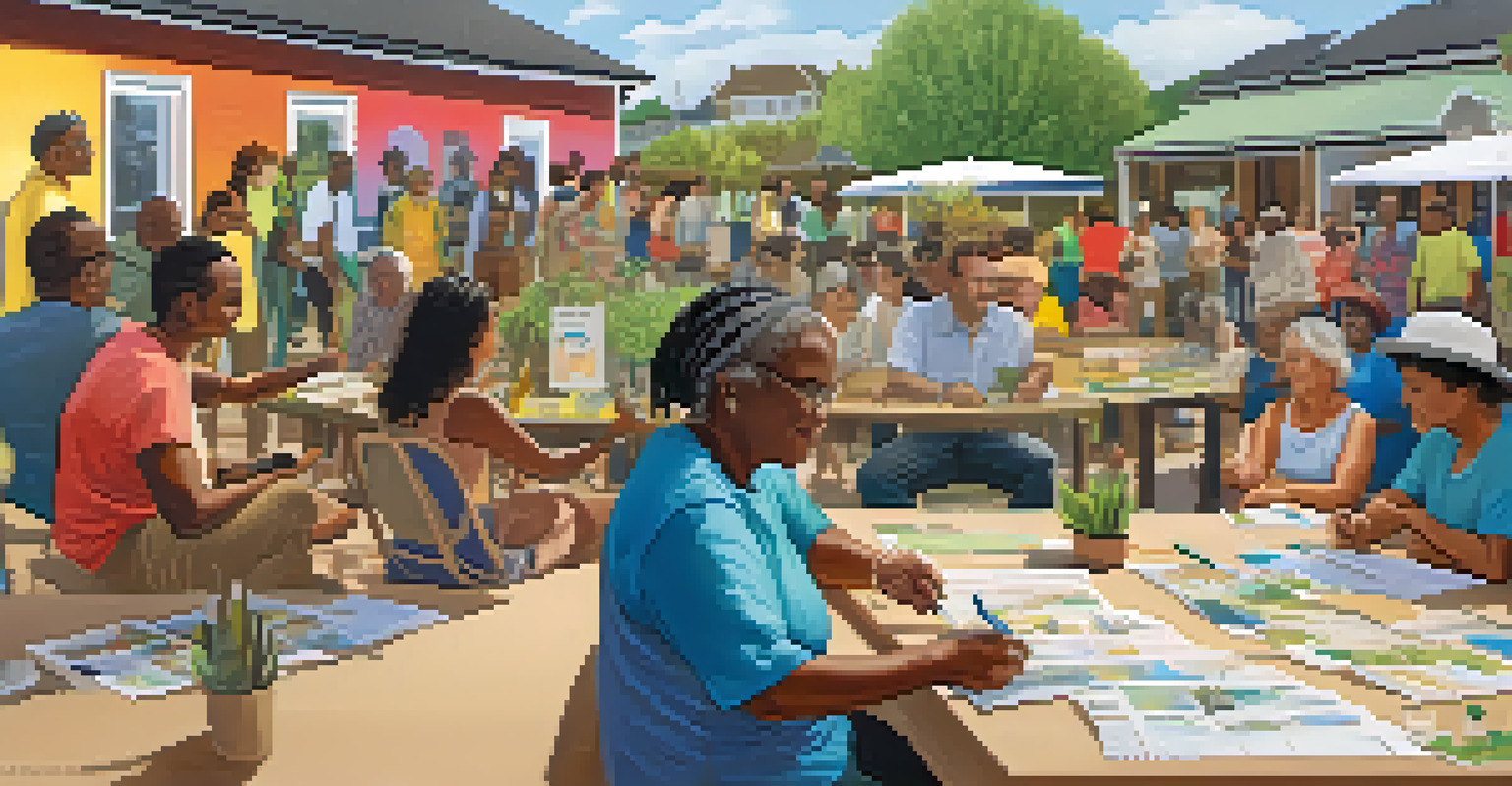 Residents participating in a community workshop focused on local governance and sustainability, with materials displayed.