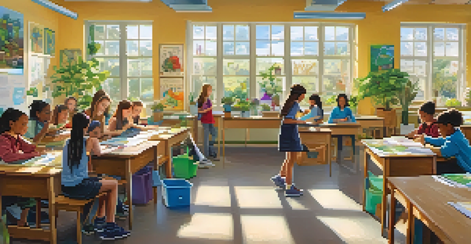 A classroom bustling with students working on sustainability projects, surrounded by plants and educational posters, with sunlight streaming in.