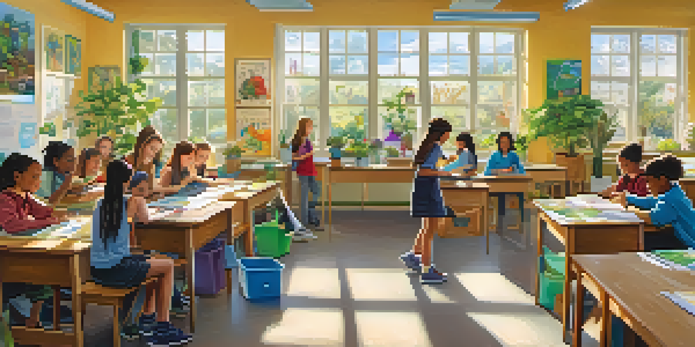 A classroom bustling with students working on sustainability projects, surrounded by plants and educational posters, with sunlight streaming in.