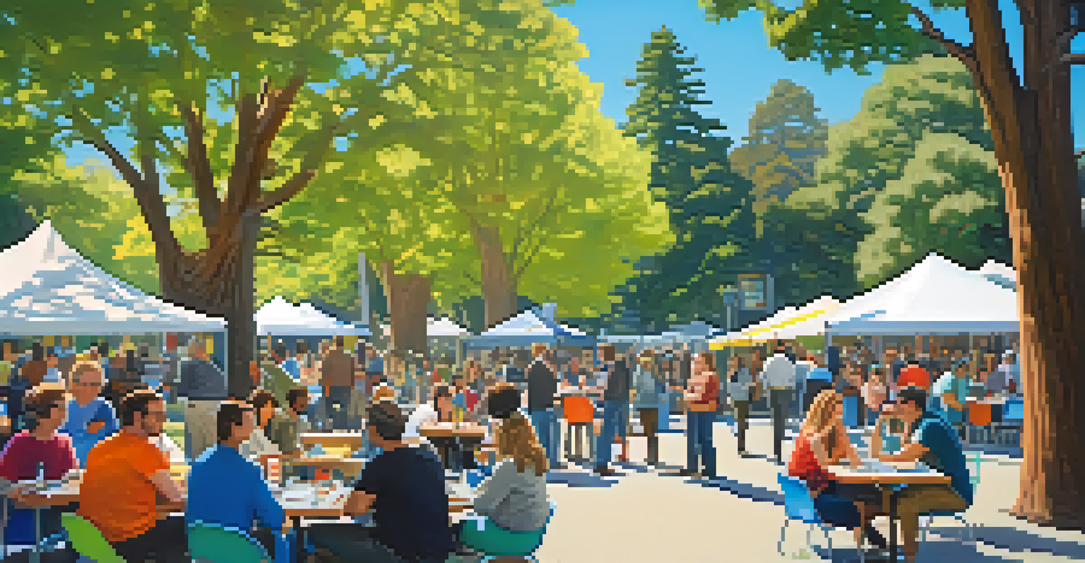 A lively outdoor networking event in a park with diverse attendees discussing ideas at picnic tables.
