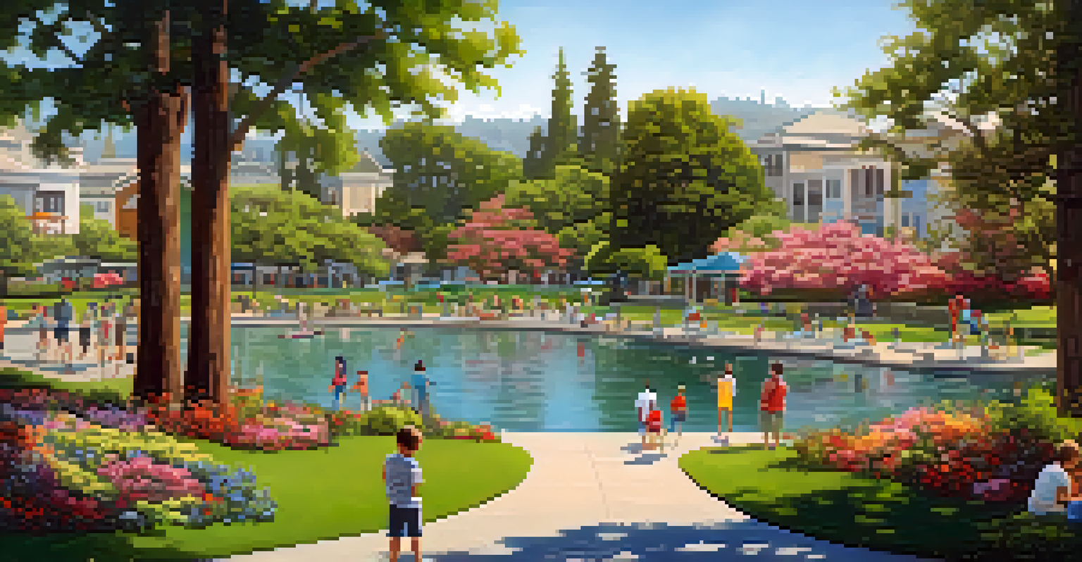 An aerial perspective of Redwood City with parks and waterfronts, featuring families engaged in outdoor activities.