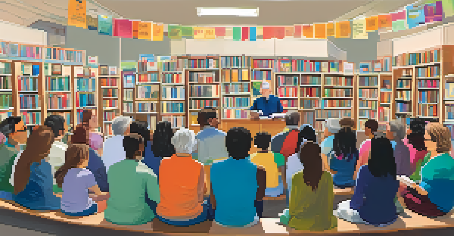 Local author reading at a bookstore event, surrounded by captivated attendees and decorated with flowers.