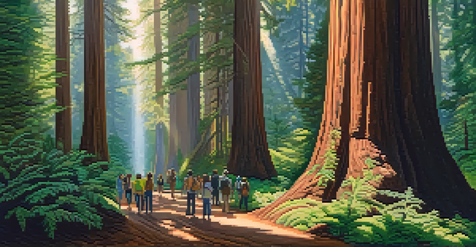 A peaceful forest scene featuring tall redwood trees with sunlight filtering through the leaves, and tourists participating in a guided nature walk.
