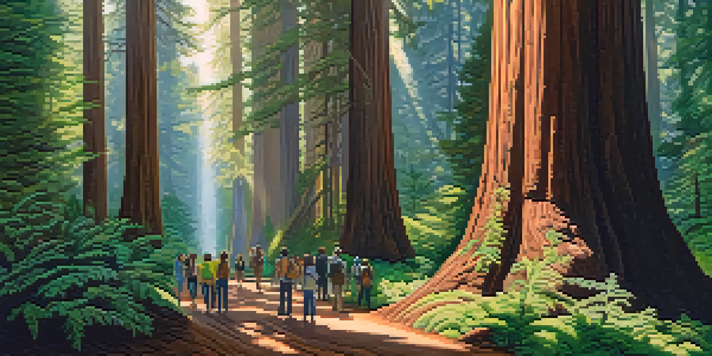 A peaceful forest scene featuring tall redwood trees with sunlight filtering through the leaves, and tourists participating in a guided nature walk.