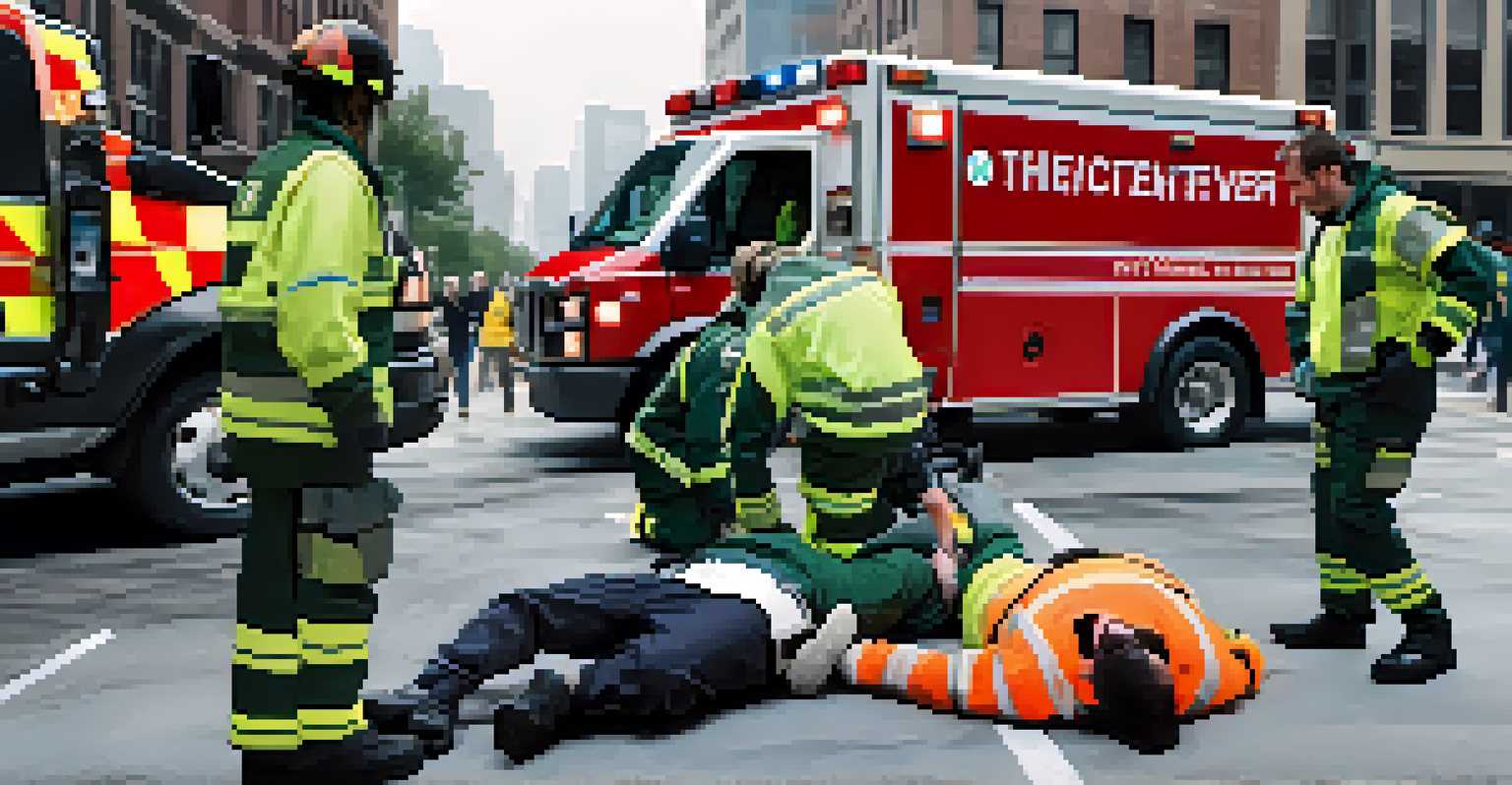CERT volunteers responding to a mock emergency scenario in an urban setting, providing first aid and coordinating with emergency services.