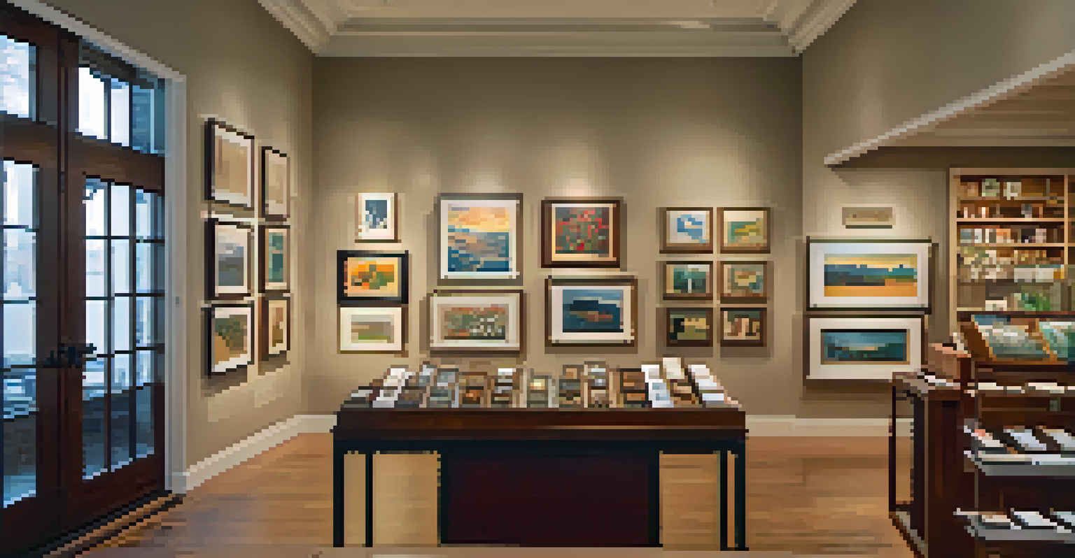 An intimate gallery showcasing local artworks, with warm lighting and various art pieces displayed on wooden panels.