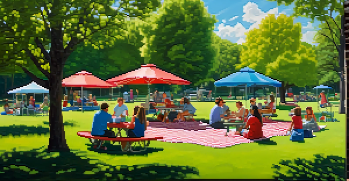 A family-friendly picnic scene in Red Morton Park with colorful blankets and children playing in a playground.