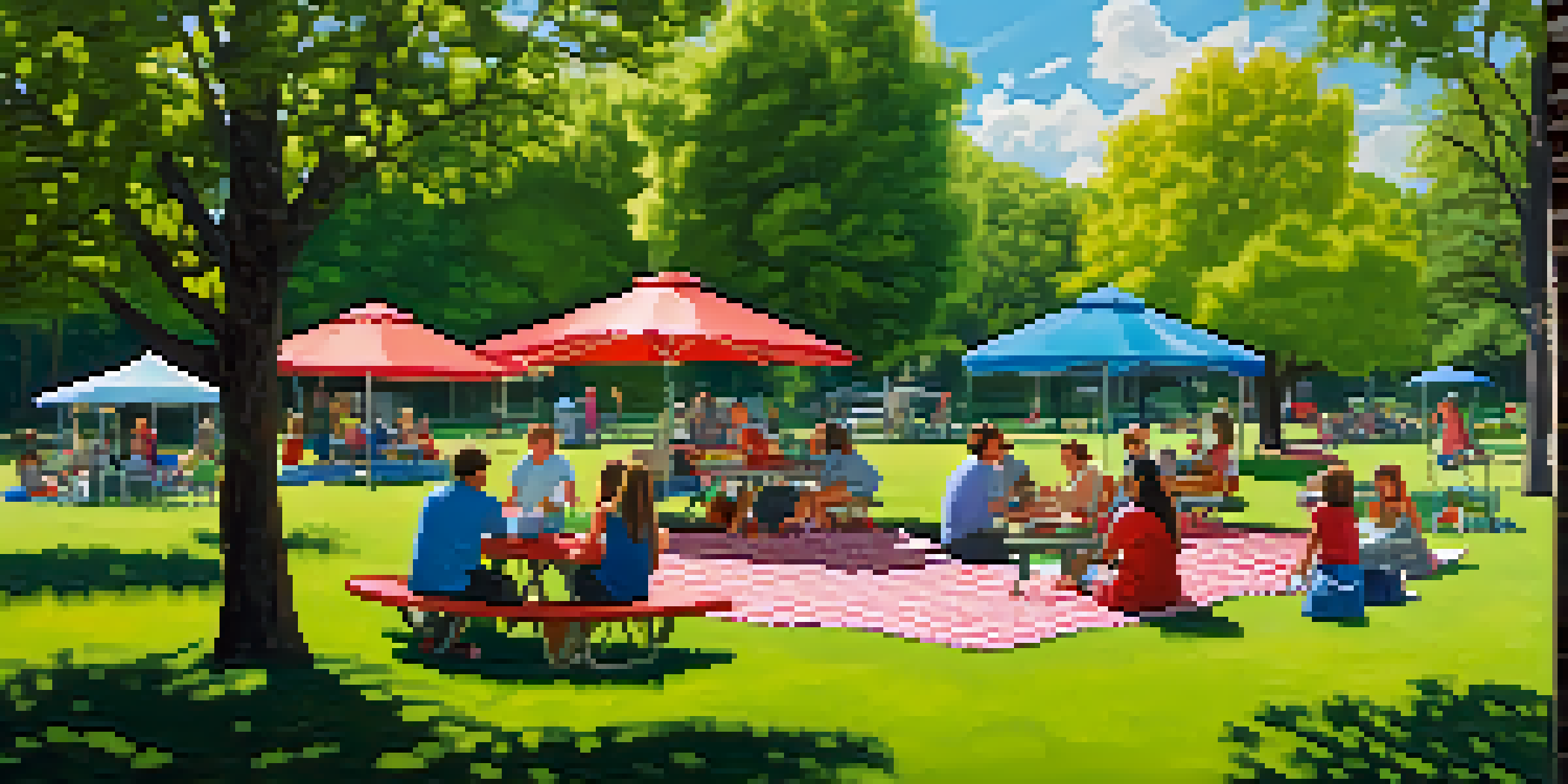 A family-friendly picnic scene in Red Morton Park with colorful blankets and children playing in a playground.