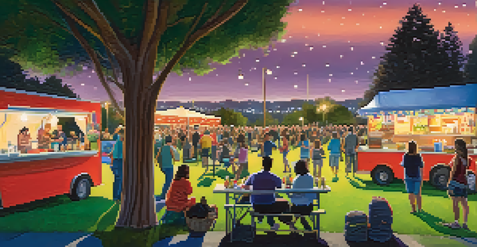 A lively outdoor concert at the Redwood City Civic Center Plaza, featuring families enjoying music under the stars with food trucks in the background.