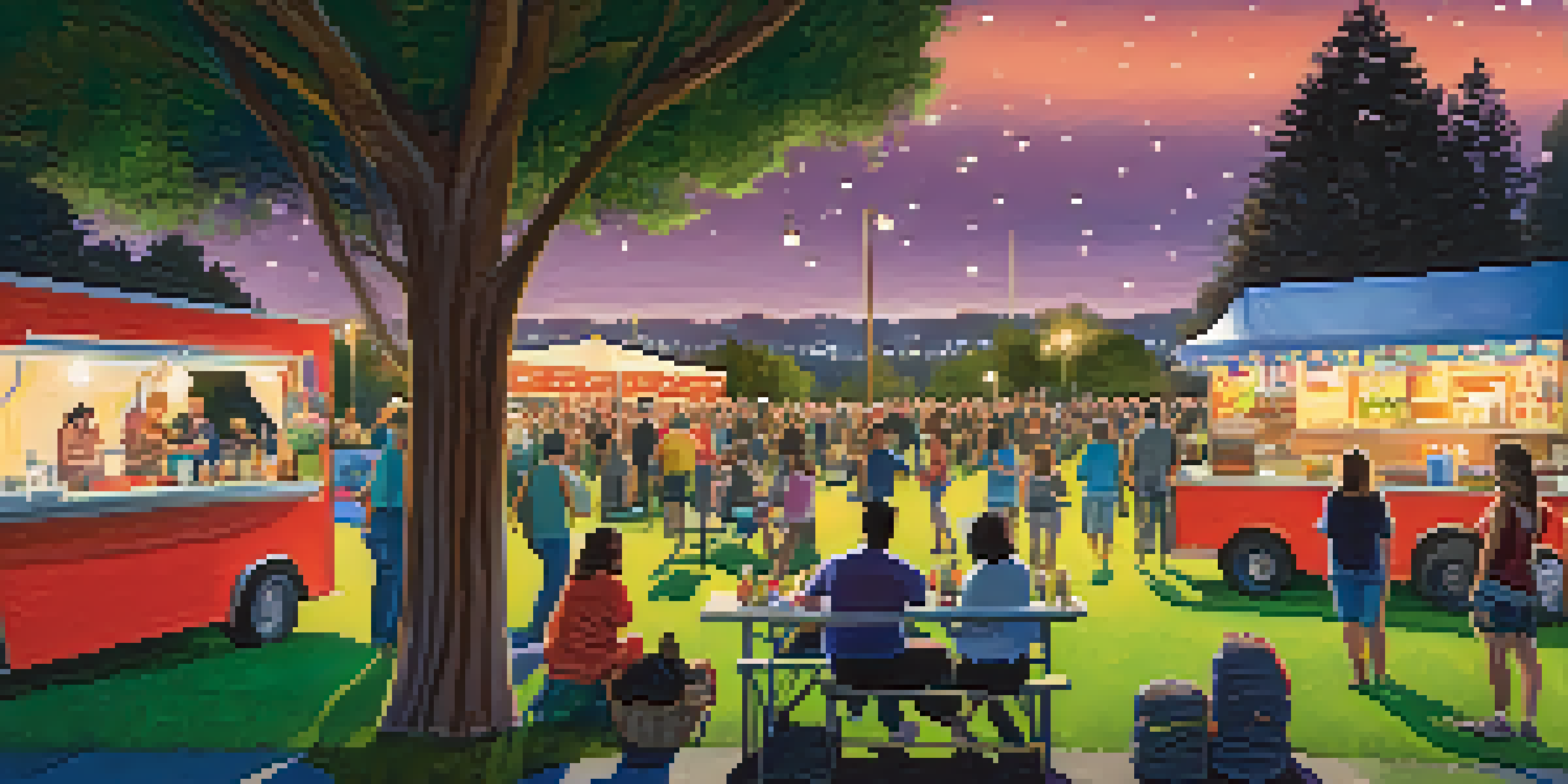 A lively outdoor concert at the Redwood City Civic Center Plaza, featuring families enjoying music under the stars with food trucks in the background.