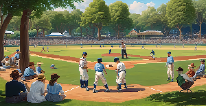 A historical scene depicting a baseball game in Redwood City with families enjoying a picnic and players in vintage uniforms.