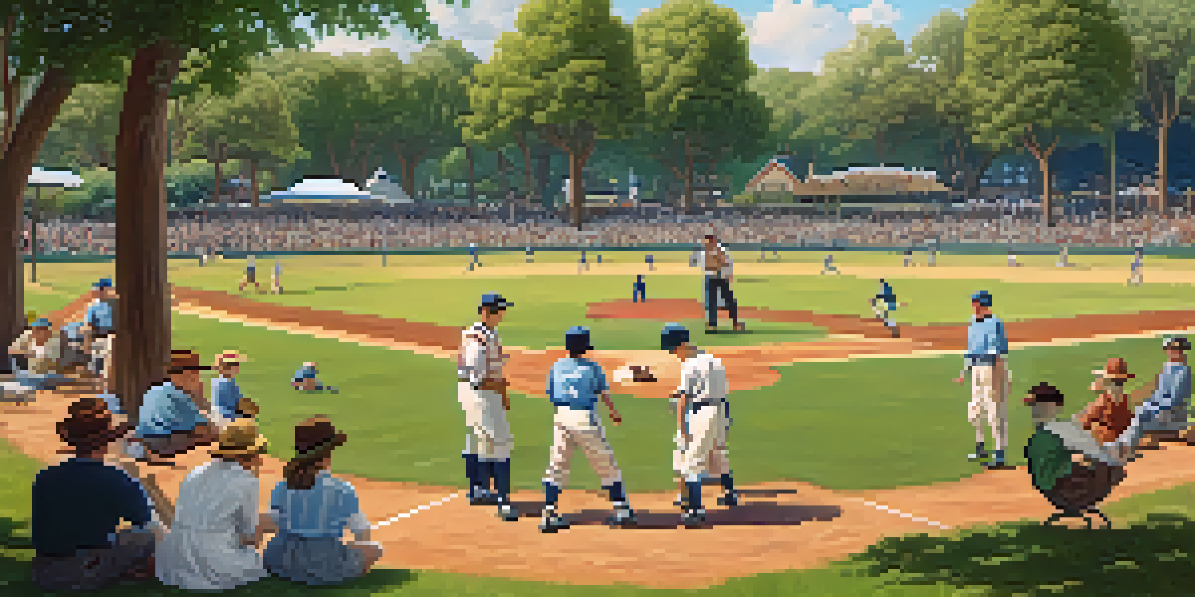 A historical scene depicting a baseball game in Redwood City with families enjoying a picnic and players in vintage uniforms.
