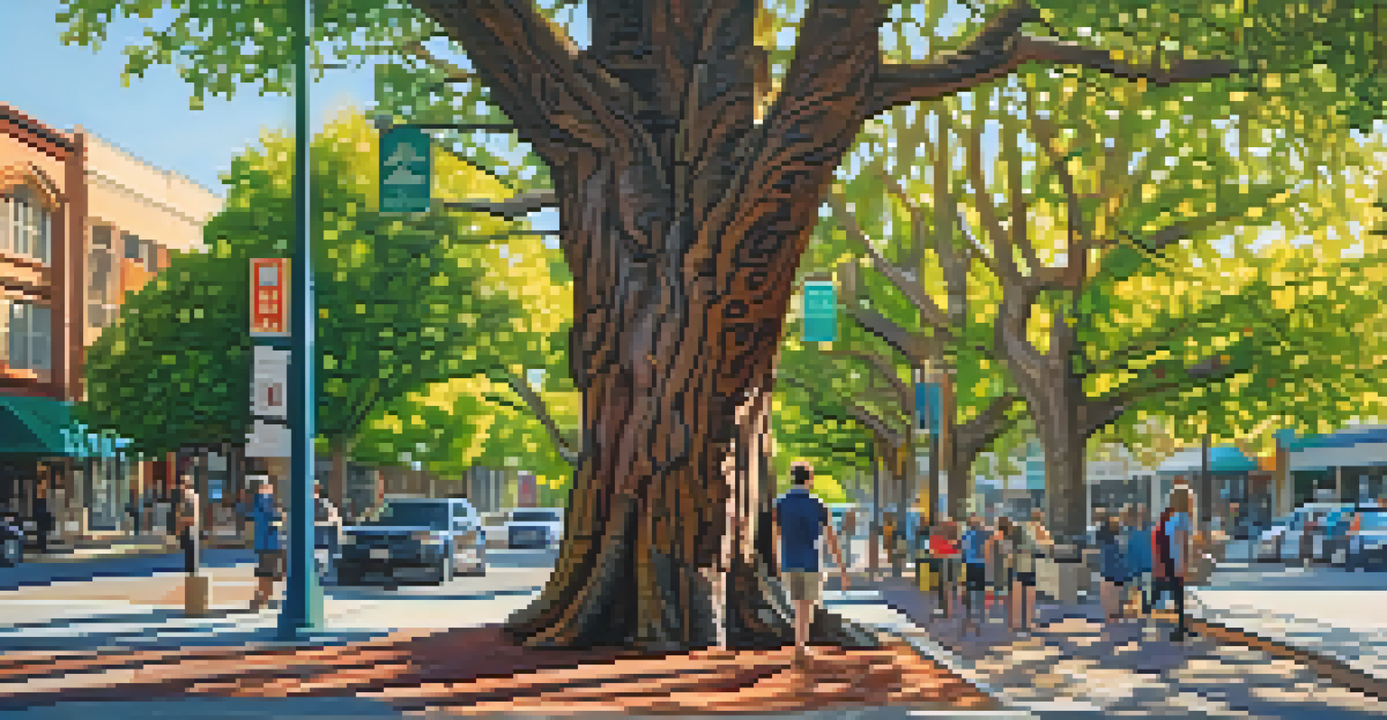 A detailed view of a healthy urban tree in Redwood City, with a city street and people in the background.