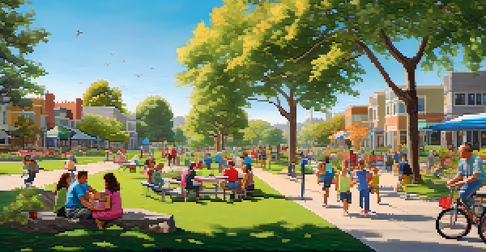 A lively park scene in Redwood City with diverse community members enjoying various outdoor activities among greenery and flowers.