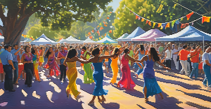 A lively festival scene with diverse people dancing under colorful banners, capturing the energy of the Redwood City Salsa Festival.