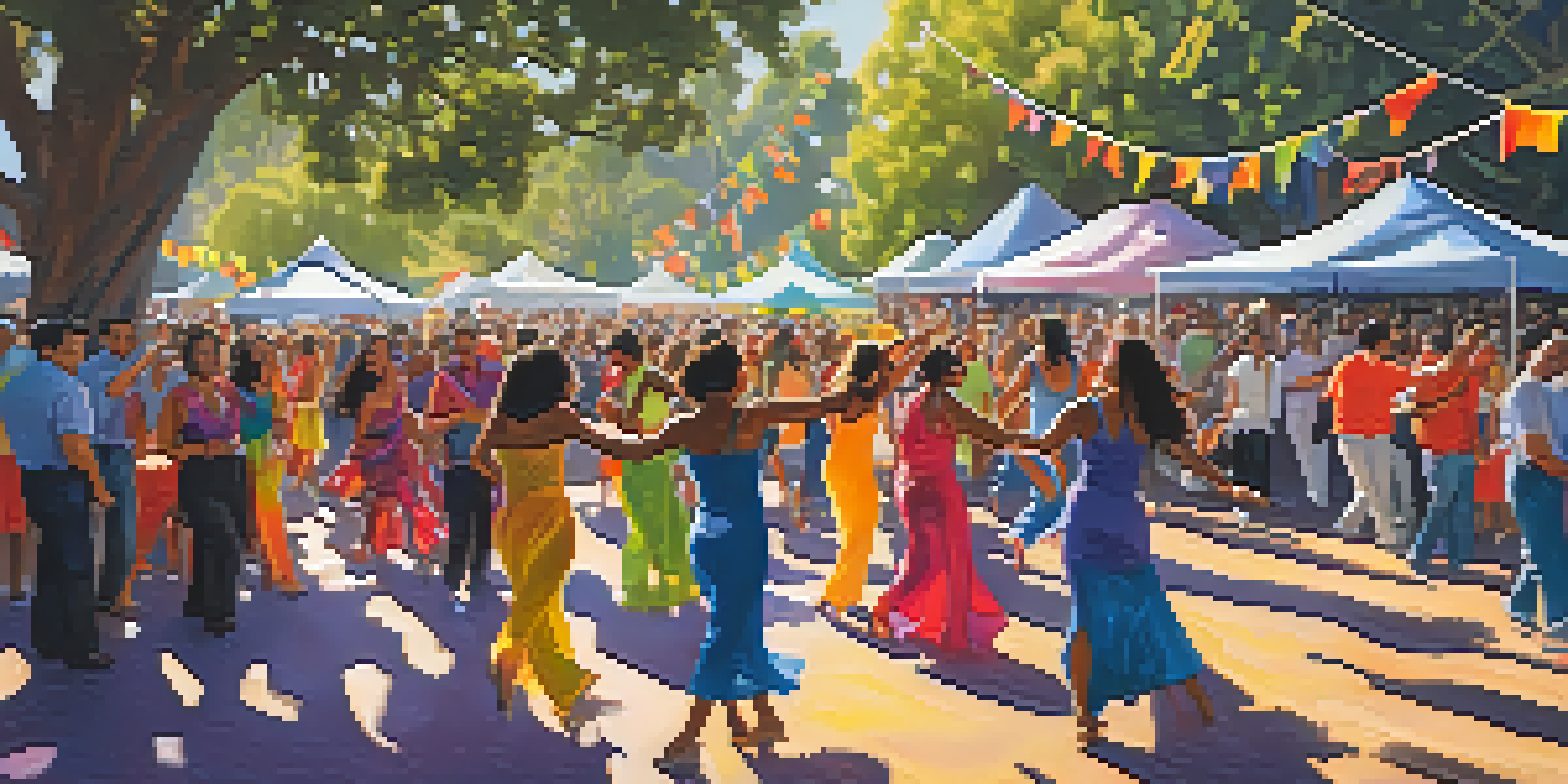 A lively festival scene with diverse people dancing under colorful banners, capturing the energy of the Redwood City Salsa Festival.