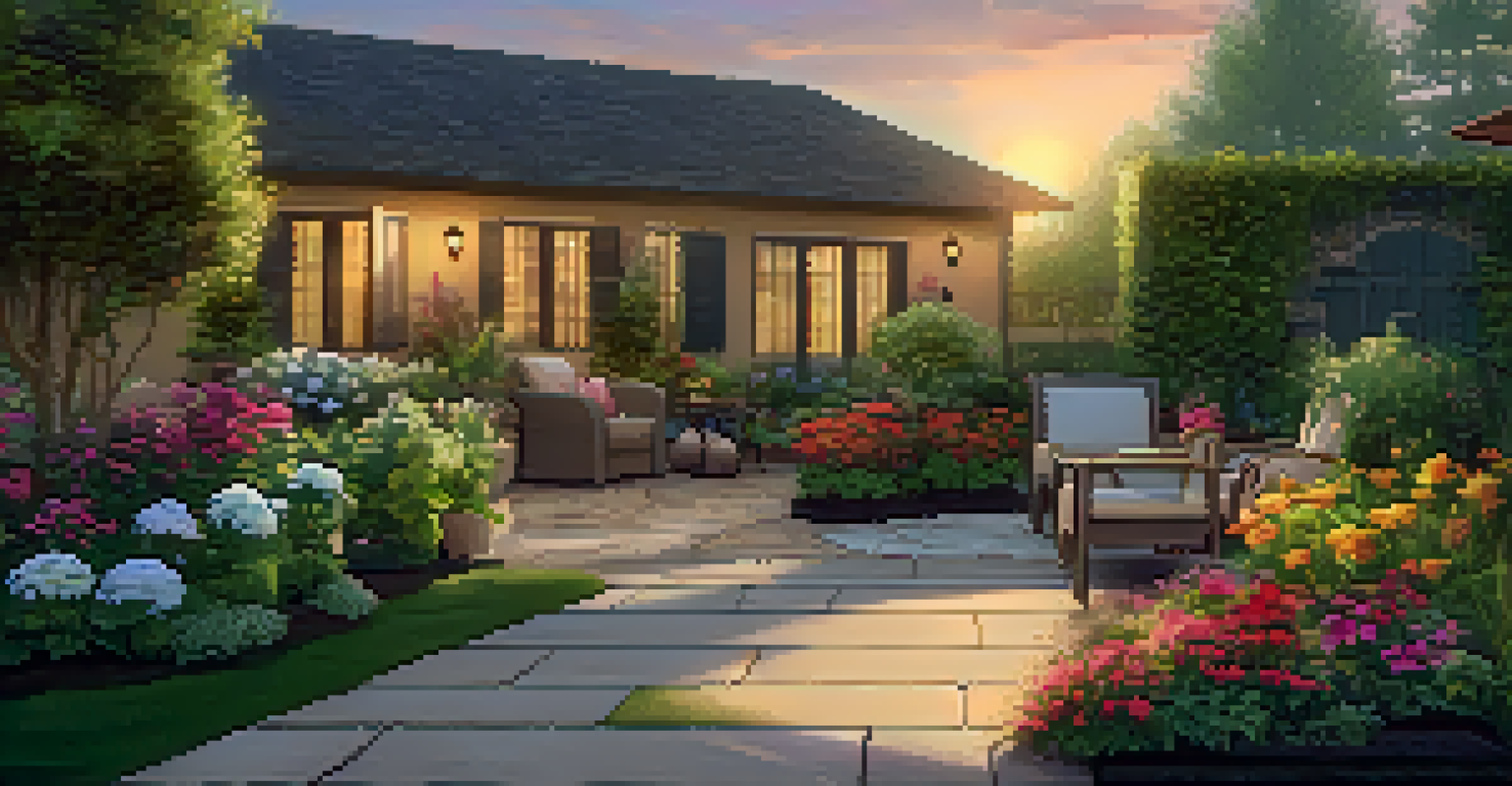 A beautifully landscaped backyard garden with colorful flowers, greenery, and a stone pathway, illuminated by the warm light of a setting sun.