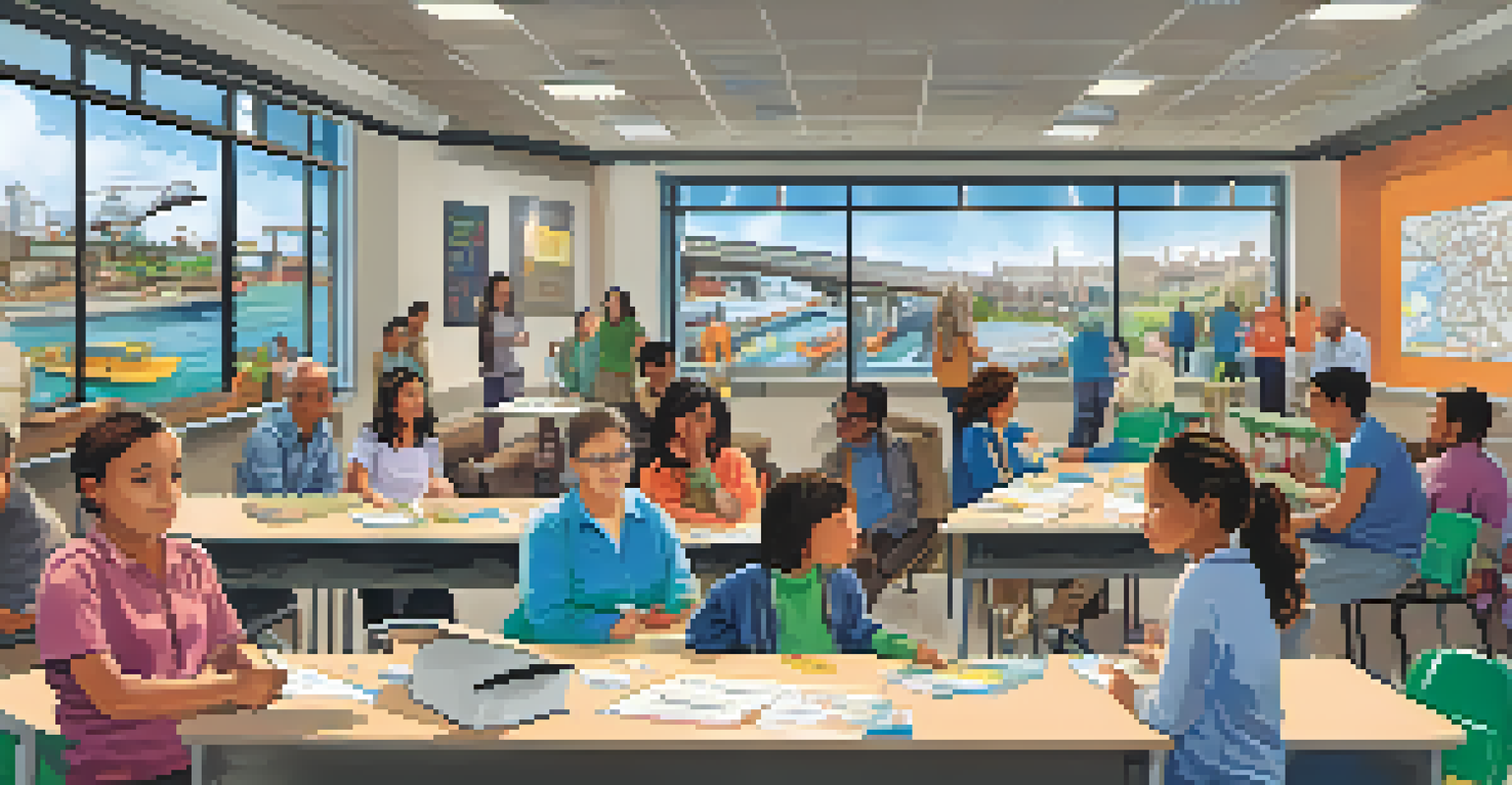 A community workshop in Redwood City with residents discussing transportation safety. Maps and safety plans are spread on a table, with posters promoting safe practices on the walls.