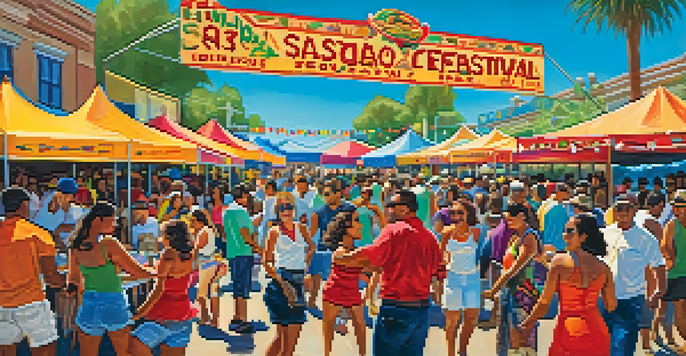 A vibrant outdoor festival scene with people dancing, colorful decorations, and food stalls serving Latin cuisine.
