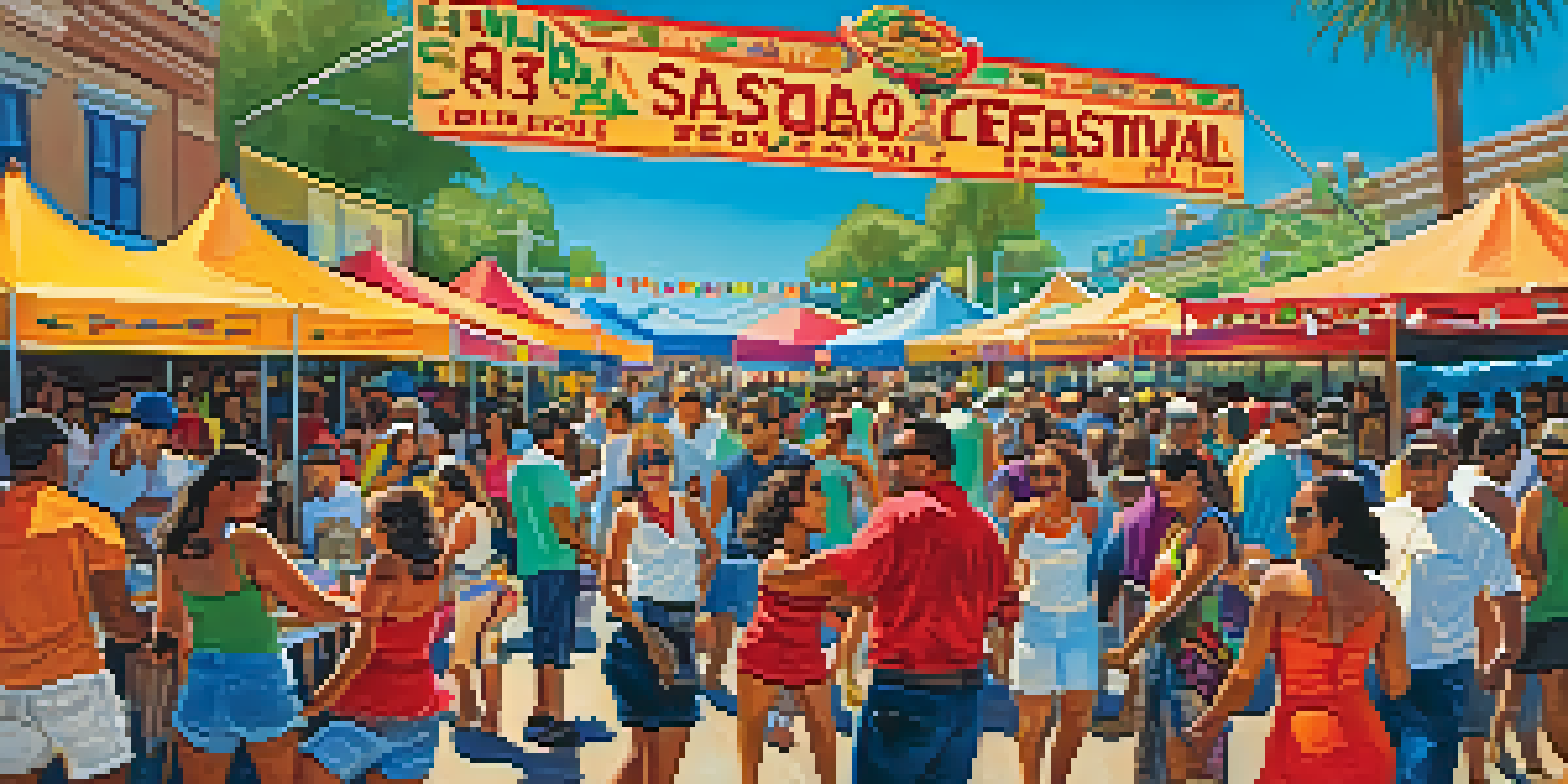 A vibrant outdoor festival scene with people dancing, colorful decorations, and food stalls serving Latin cuisine.