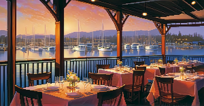 An outdoor dining area by the waterfront at sunset, with tables set elegantly and boats in the background.