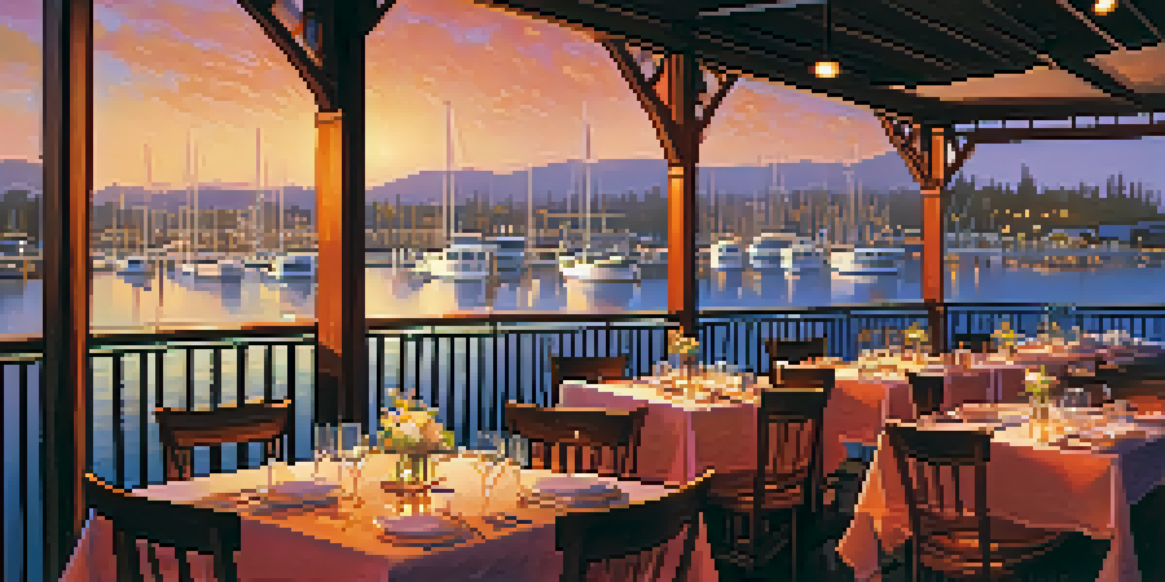 An outdoor dining area by the waterfront at sunset, with tables set elegantly and boats in the background.