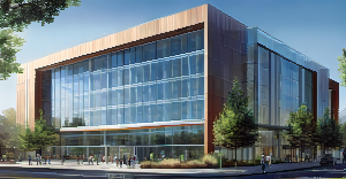 A modern smart building with glass windows and solar panels, surrounded by greenery, under a clear blue sky.